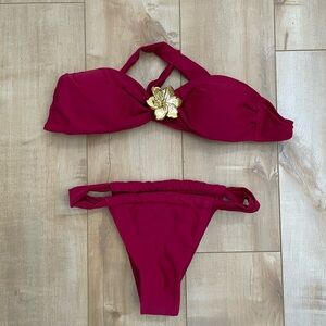 Red Bandeau Bikini Set with Gold Floral Accent